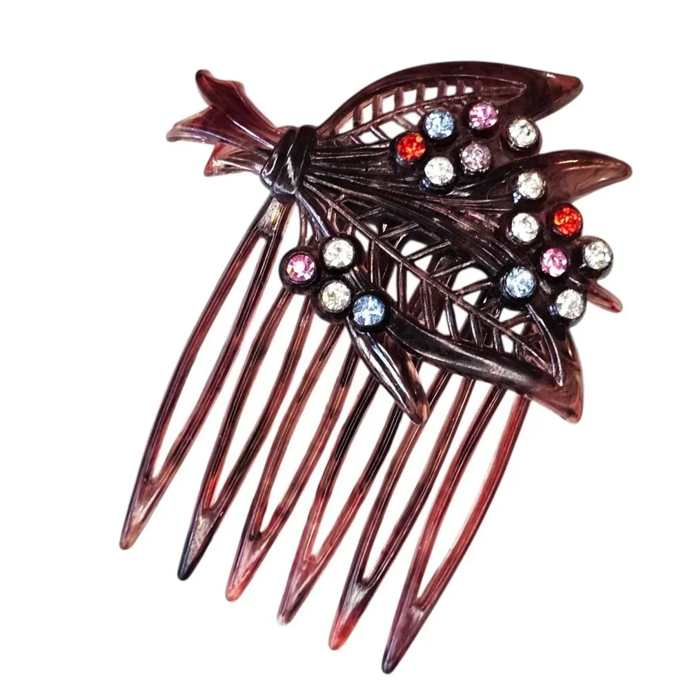 Vintage Tortoiseshell Hair Comb Brooch Jewels Rhinestones Austria Bouquet Leaves